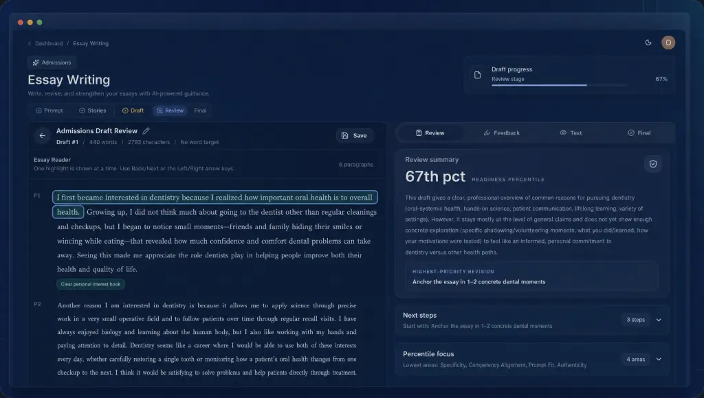 Essay Writing dashboard showing linked paragraph feedback and draft review